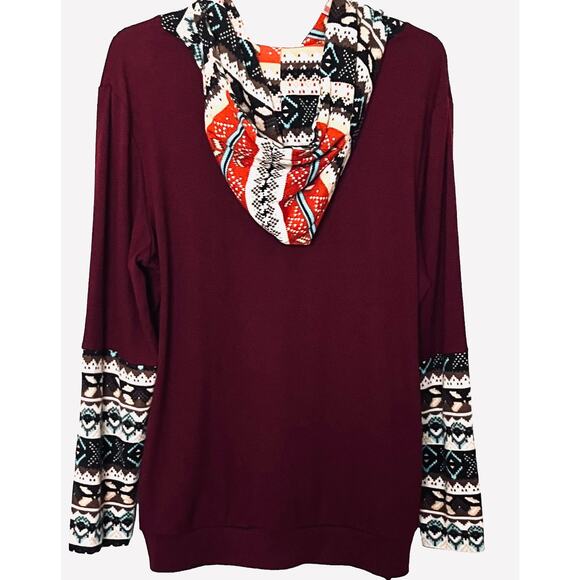 SUNGLORY LONG SLEEVE HOODIE, WOMENS, XL, BURGANDY + MULTICOLOR ACCENTS, POCKETS - Picture 4 of 9